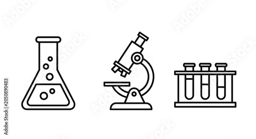 Bild auf Leinwand Erlenmeyer flask microscope and laboratory rack line icons on white background