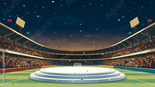 Blank round podium for placed product presentation at the middle of soccer stadium with full of fans and confetti wide angle on sunset sky background have blank space.