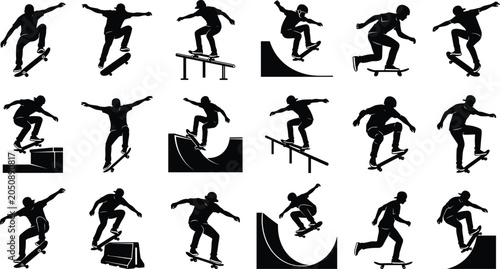 Photography Skateboarder Silhouettes Collection Performing Tricks and Stunts Vector Set