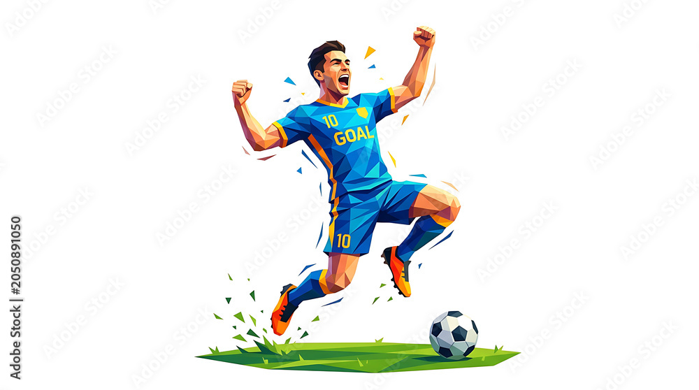 Naklejka premium Low poly soccer player celebrating a goal vector illustration