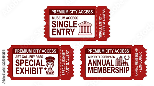 Vector collection of premium city access tickets for cultural and urban exploration, featuring museum entry, art gallery exhibits, and annual explorer memberships