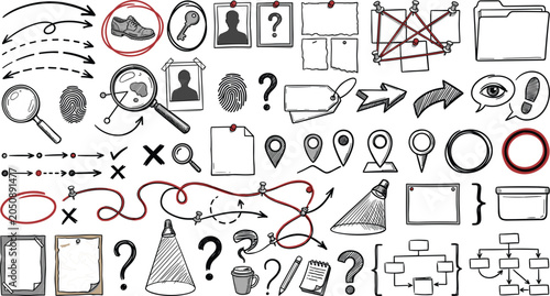 Fotografía Detective investigation and crime case evidence doodle vector elements set featu