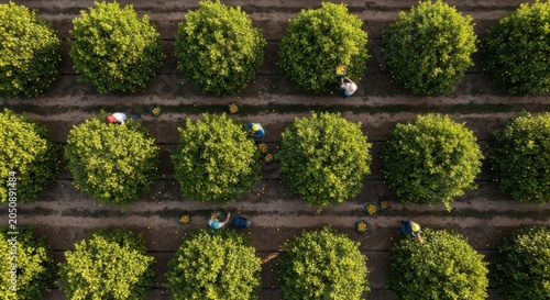 Foto Agricultural workers harvesting citrus fruit from lush green trees in an orchard, seen from a high aerial perspective