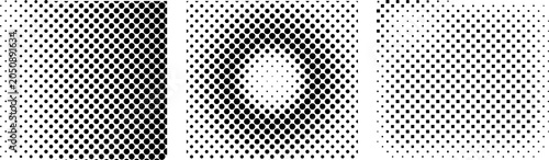 Photography Halftone patterns show three distinct geometric gradients composed of varying dot density and size