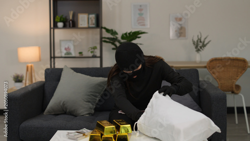 Foto Masked Burglar Putting Gold Bars and Cash into a White Bag