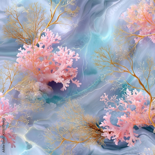 Seamless underwater coral reef pattern with whimsical marine life elements for kids and ocean design