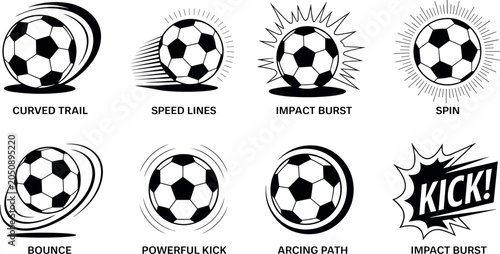 Fotografie Black and white soccer ball vector motion effect set featuring curved trail spee