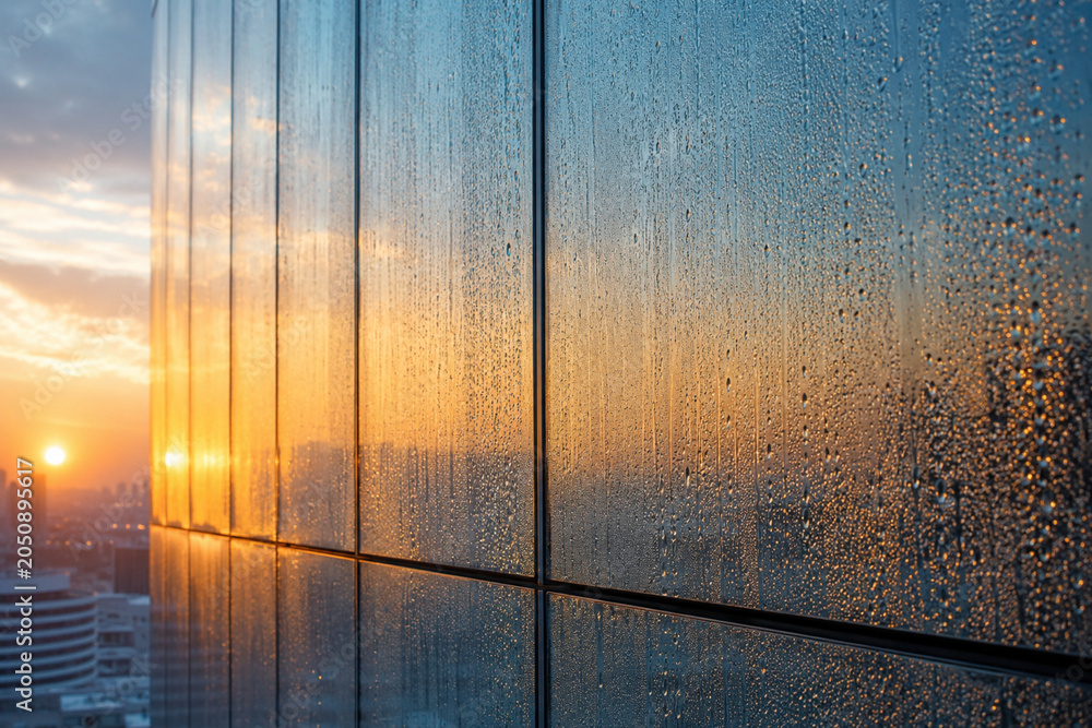 Fototapeta premium Glass Curtain Wall with Rain Droplets Reflecting Sunset City Facade