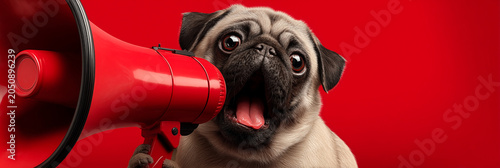 An Adorable Pug Dog Shouting Big News into a Bright Red Loudspeaker against an Isolated Red Background. Funny Pet Announcement Template with Wide Text Space. Generative Ai.
