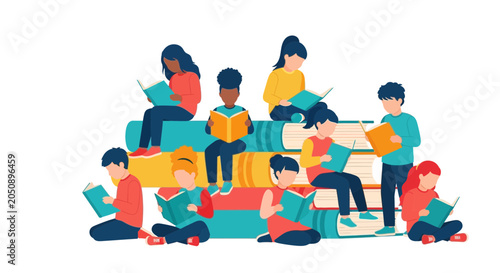 Diverse Children Reading Books Stacked Together, Education Concept
