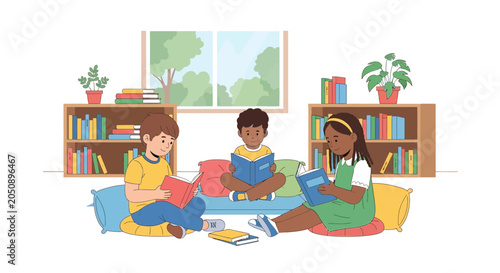 Quadro em tela Diverse Children Reading Books Together in Cozy Library Nook