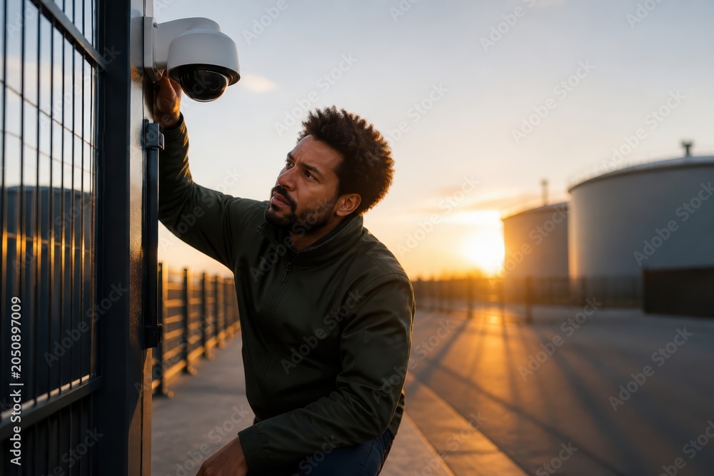 Fototapeta premium Focused technician adjusting a security camera at sunrise with calm trust and watchful attention