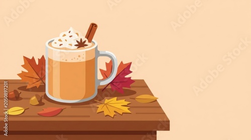 Minimalist Autumn Pumpkin Spice Latte Illustration with Fall Leaves