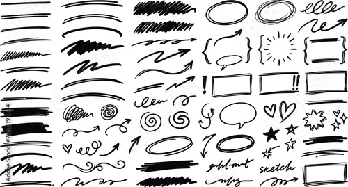 Bild auf Leinwand Hand drawn black ink grunge underlines and correction marker doodle elements set
