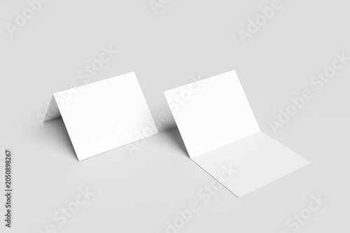 Two plain blank white bifold postcards mockup. Perfect for graphic designers, printers, and companies to present greeting cards. Realistic 3D rendering on a light gray background