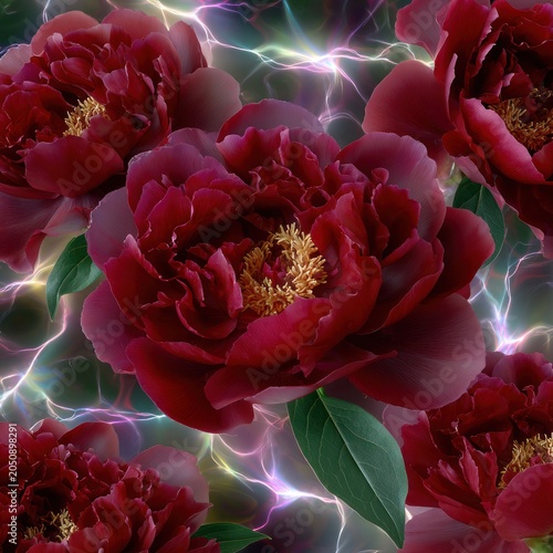 Seamless deep red peony wallpaper over holographic background for luxurious floral interior design