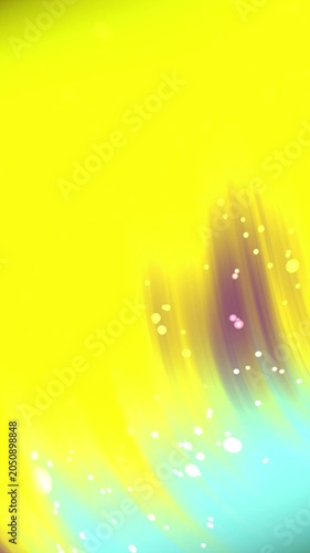 Abstract bright yellow background with cyan and purple brush strokes and sparkling bokeh light effects.