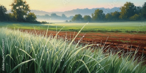 Golden hour grassy field with tall wild plants and misty background