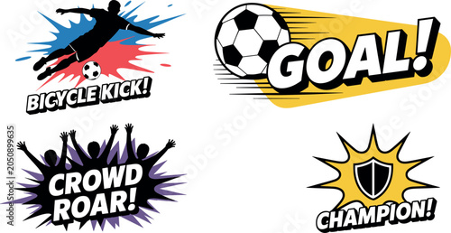 Foto Soccer graphic vector set featuring kicking player silhouette cheering fans crow