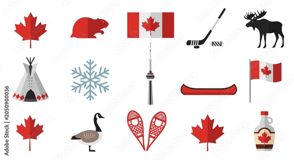 Naklejka premium Canadian National Symbols and Cultural Icons Vector Illustration Set