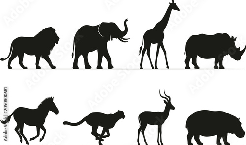 Canvastavla African safari animal silhouettes set feat hippopotamus isolated on white safari