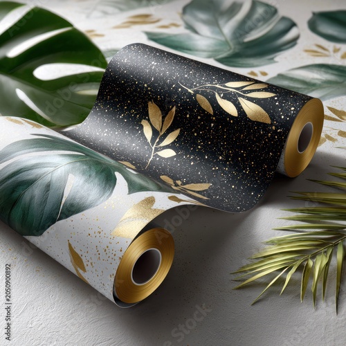 Seamless tropical leaf wallpaper with gold foil terrazzo elements for luxury interior design