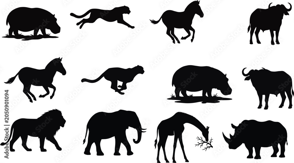Fototapeta premium African Wildlife Animal Silhouette Collection Featuring Lion Elephant Rhinoceros Hippopotamus Giraffe Buffalo Horse and Wildlife Animal Silhouette Collection Featuring Lion Elephant Rhinoceros 