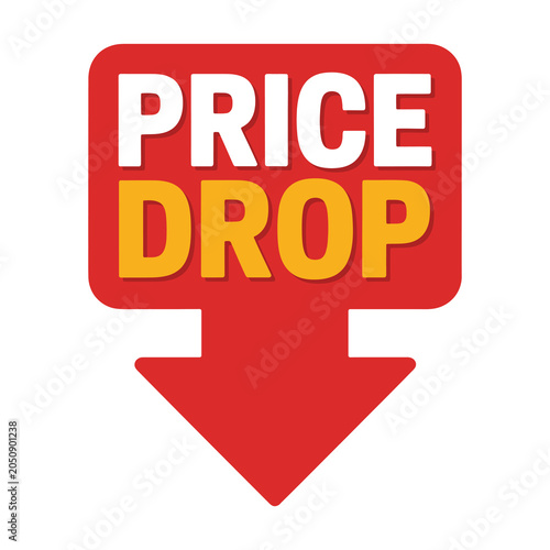 Foto Price drop button with down arrow, red sale announcement.
