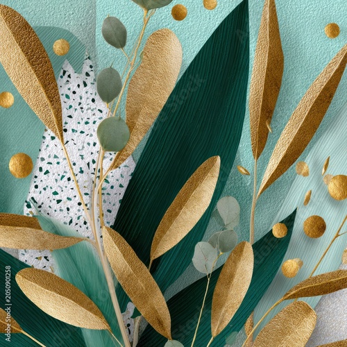 Seamless tropical leaf wallpaper with gold foil terrazzo elements for luxury interior design
