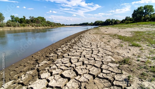 Cracked Dry Riverbank Beside Low Water River in Sunny Rural Landscape