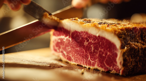 A close up of a sharp knife trimming the dark seasoned crust from a heavily marbled dry aged beef loin revealing its rich red and tender interior