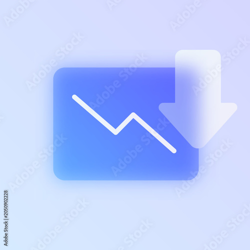 Loss decline chart glassmorphism icon. Blue frosted glass vector pictogram with falling graph and arrow for finance UI, web design concept.