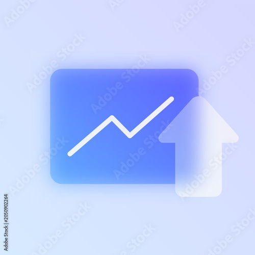 Growth profit chart glassmorphism icon. Blue frosted glass vector pictogram with rising graph and arrow for finance UI, web design concept.