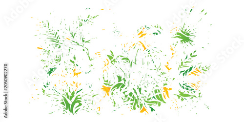 Colorful watercolor splatters and vector floral elements create a vibrant green grass background decorated with nature paint drops and a grunge art frame
