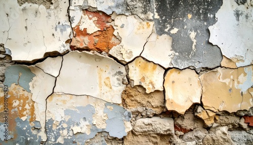Cracked Peeling Paint Revealing Weathered Plaster on Old Wall