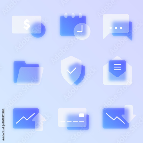 Finance glassmorphism icon set: dollar, schedule, chat, folder, shield, email, growth, credit card, loss. Blue frosted glass UI icons, vector.
