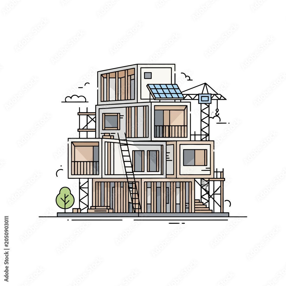 Fototapeta premium A modern modular building under construction with a crane and solar panels