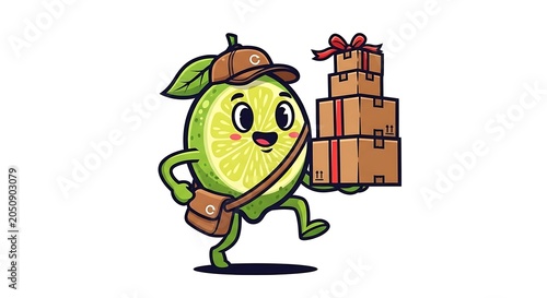 Cartoon green monster carrying heavy boxes.