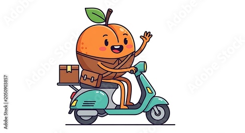 Cartoon pumpkin riding a scooter happily.