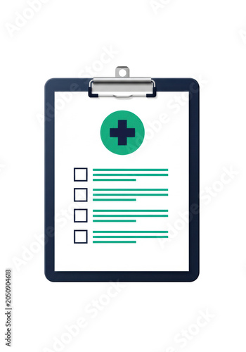 A modern dark navy blue clipboard with a crisp white paper, featuring an emerald green medical cross, checkboxes, and teal lines, isolated on an off-white background conveying professional healthcare
