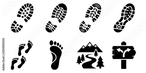 Hiking footprints trail signs and landscape icons on white background