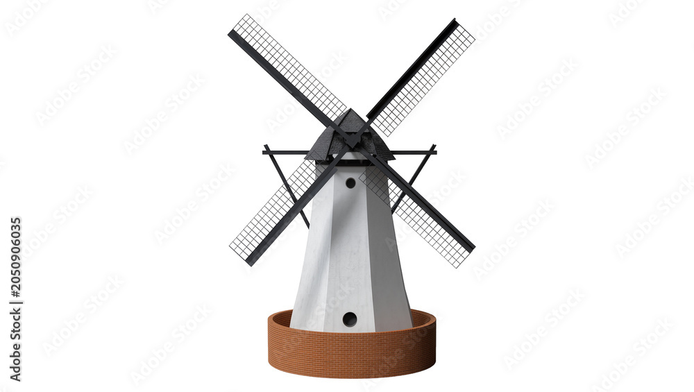Obraz premium Traditional white windmill with black sails and brick base