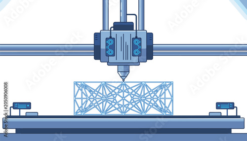 A front-view schematic of a modern 3D printer nozzle depositing material to construct a complex blue lattice truss structure under bright studio light.