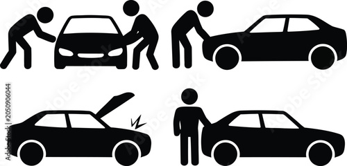 Foto People pushing broken down cars on roadside