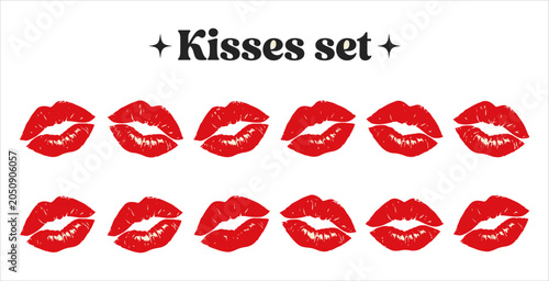 Red lipstick kiss marks set isolated on white background for romance design.