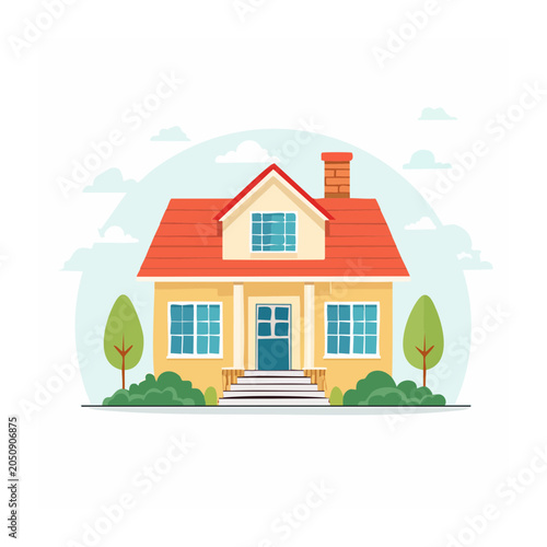 Flat design illustration of a yellow suburban house with red roof