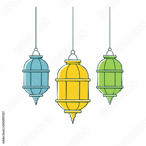 Three hanging lanterns in blue, yellow, and green