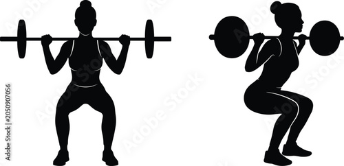 Photos Fitness Woman Performing Barbell Squats Vector Icon Set Featuring Black Silhouet