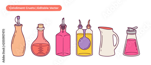 Condiment cruets oil vinegar bottles vector set with glass dispensers, sauce pitchers, and liquid containers for kitchen table dining isolated on white background in clean, minimalist line art style.
