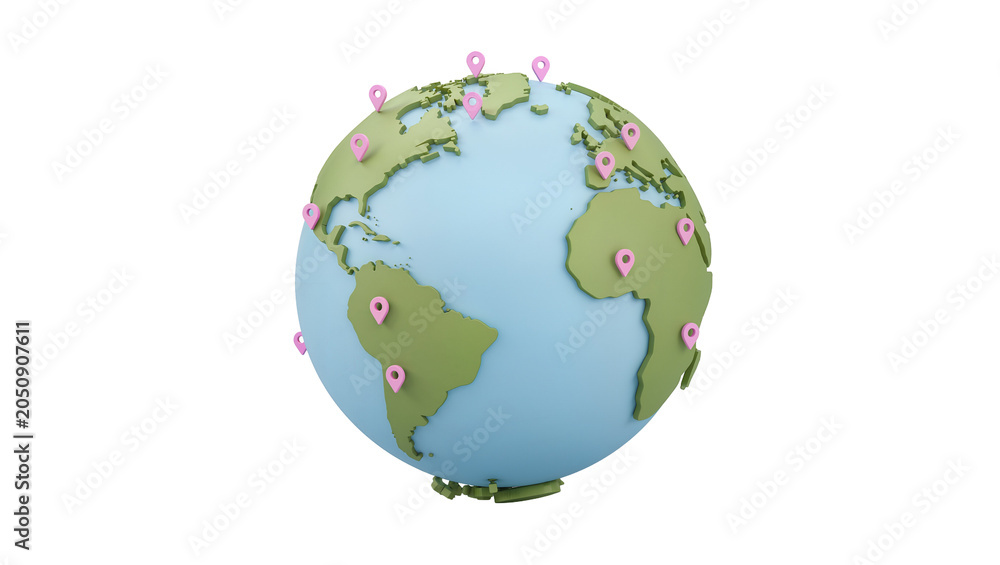 Fototapeta premium 3D globe with pink map pins marking locations on continents